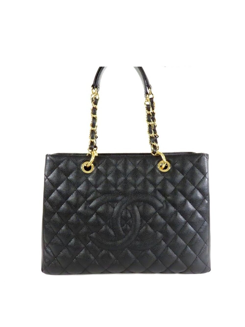 Chanel Grand Shopping Tote GST Black Gold Caviar Leather Shoulder Bag